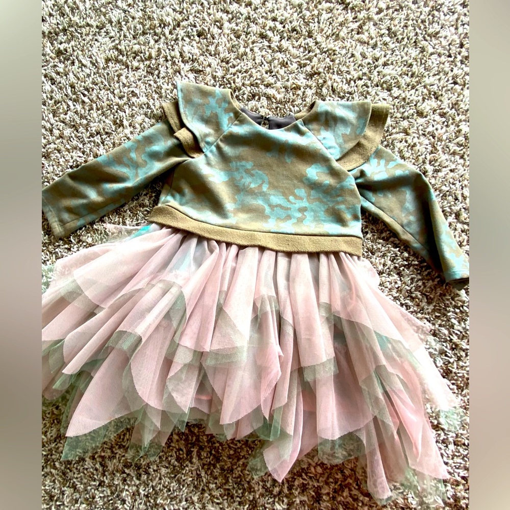 camouflage dress with two teal and mauve color tulle